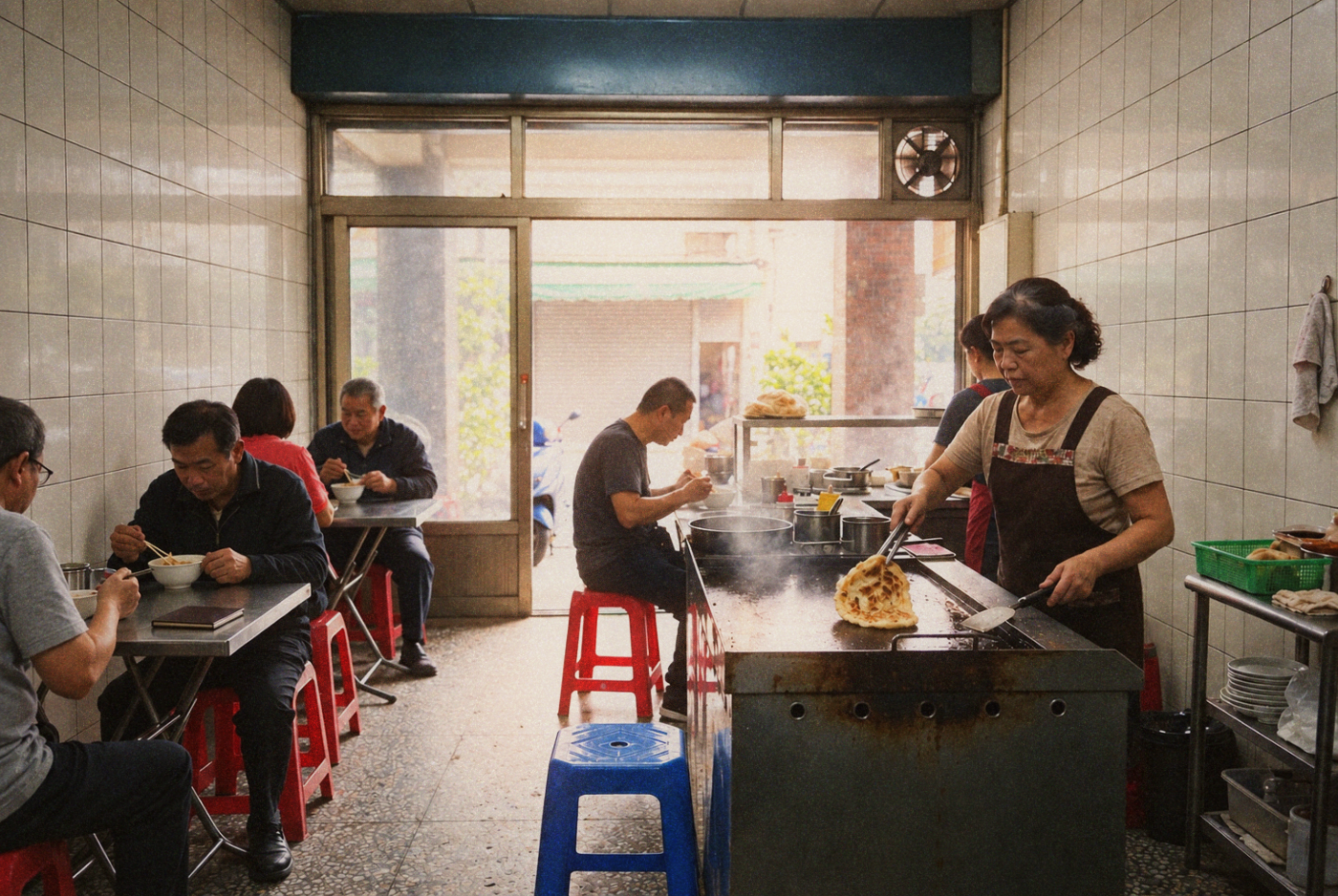 Cook working at a griddle in a neighborhood breakfast shop