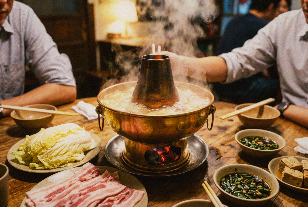 A traditional sour-cabbage white-pork hot pot with a copper chimney pot, charcoal glowing in the center funnel, fermented cabbage broth, thin pork belly slices, a northern-style Taipei table setting, warm light