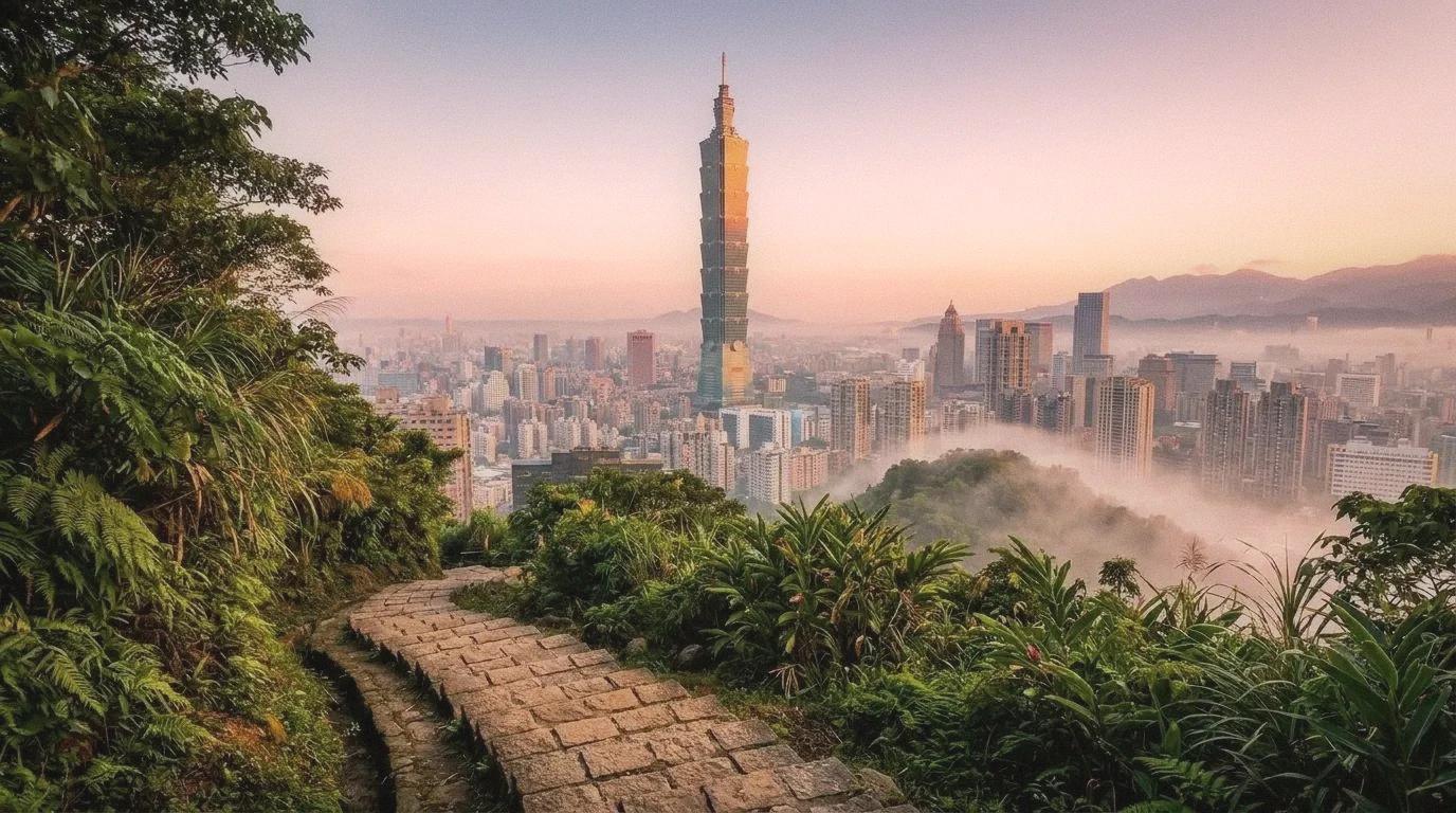 Taipei 101 seen from Elephant Mountain trail at sunrise, stone steps in the foreground