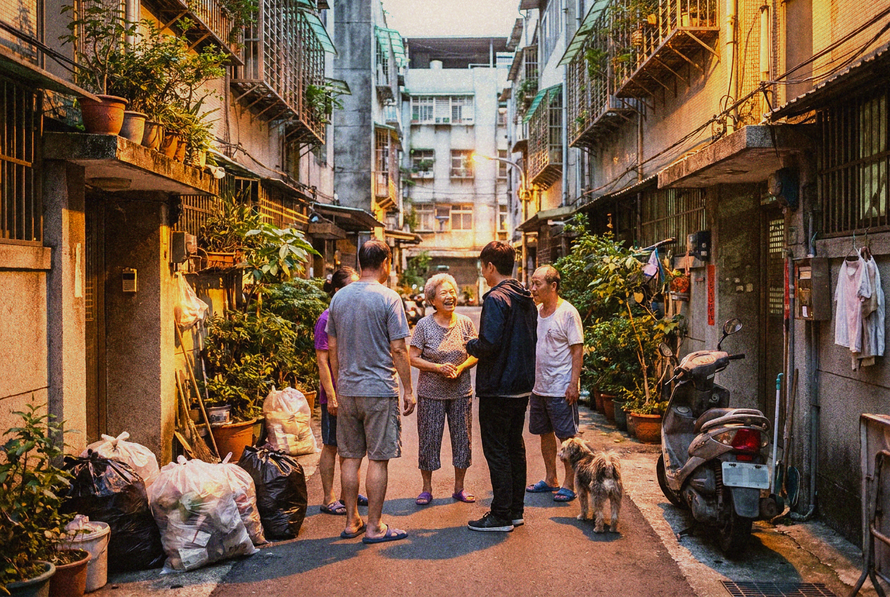 Neighbours waiting together on a narrow Taipei lane at dusk before the rubbish truck arrives, some in slippers, an elderly woman chatting with a young man, potted plants and parked scooters