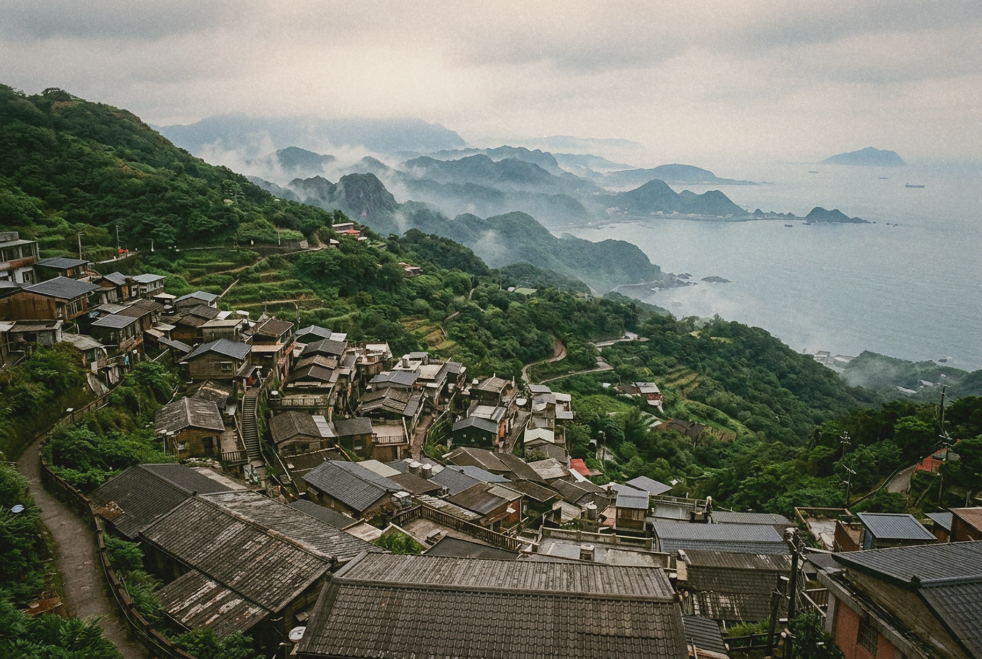 Weathered tiled rooftops of a Taiwanese mountain town cascading down a green hillside toward a grey-blue ocean in mist