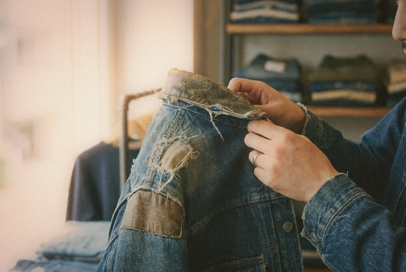 Close-up of hands examining vintage fabric texture on a denim jacket