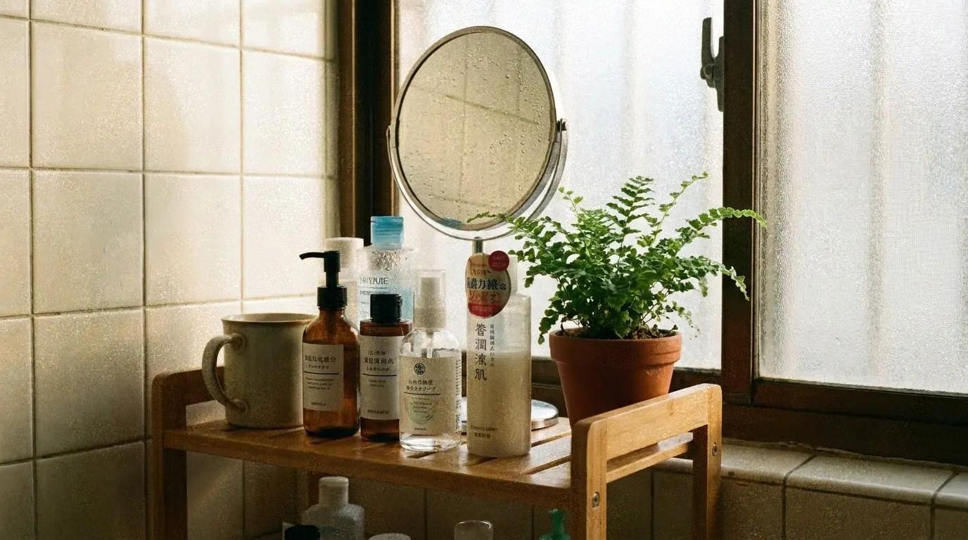Skincare products arranged on a bathroom shelf in a humid Taipei apartment with condensation on mirror