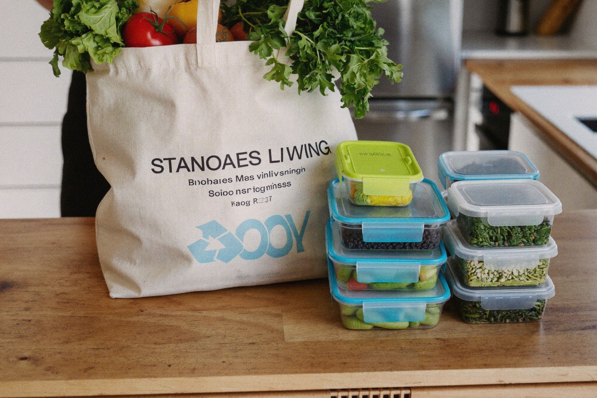 Colorful reusable containers and eco-friendly shopping bags arranged on a table