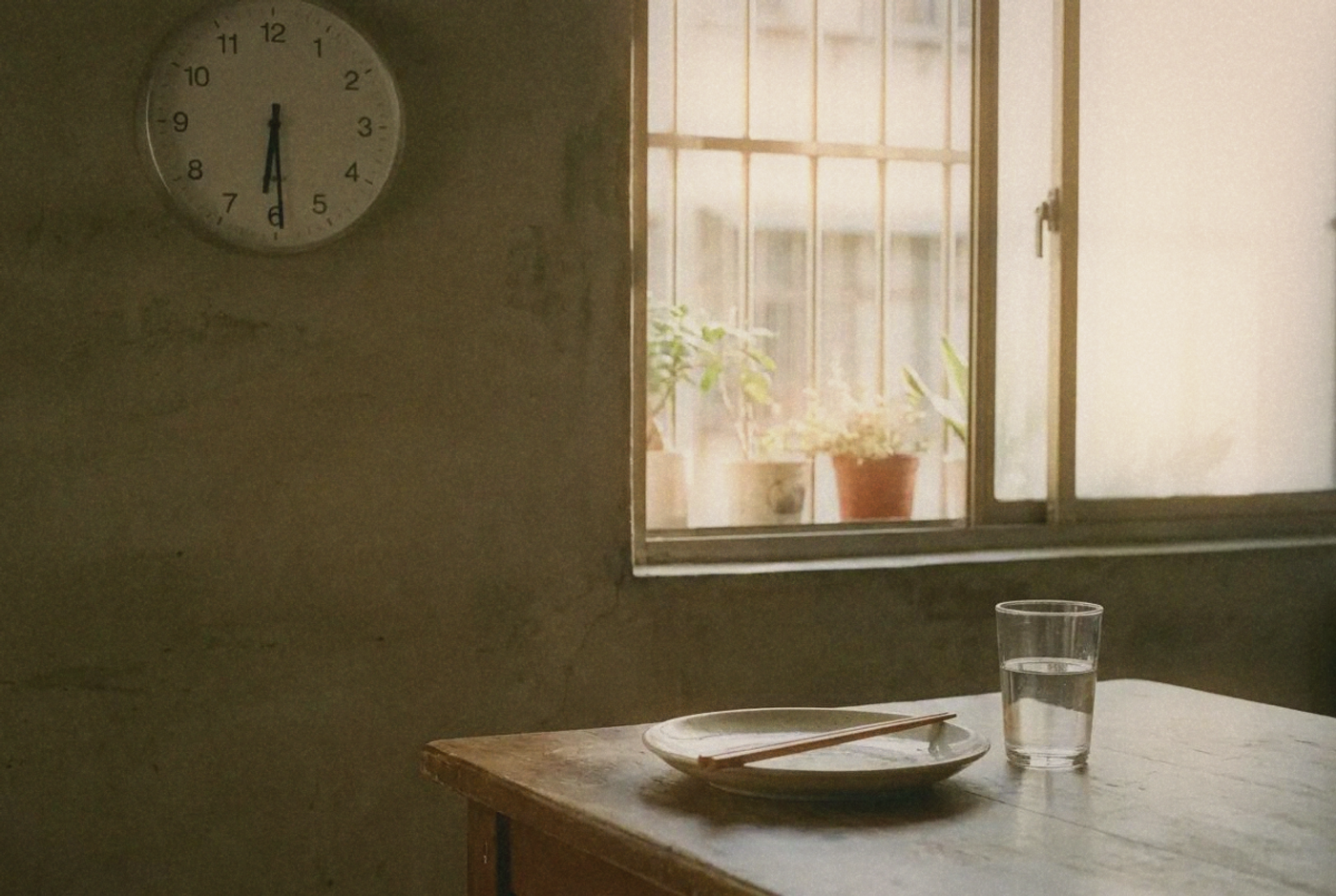 Empty plate with chopsticks and glass of water on a table, intermittent fasting concept