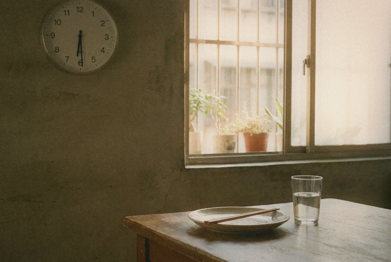 Empty plate with chopsticks and glass of water on a table, intermittent fasting concept