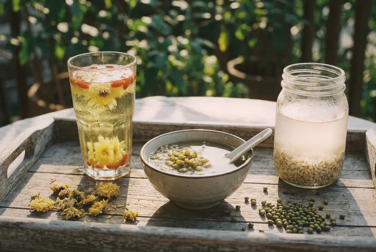 Traditional Chinese cooling drinks on a wooden tray