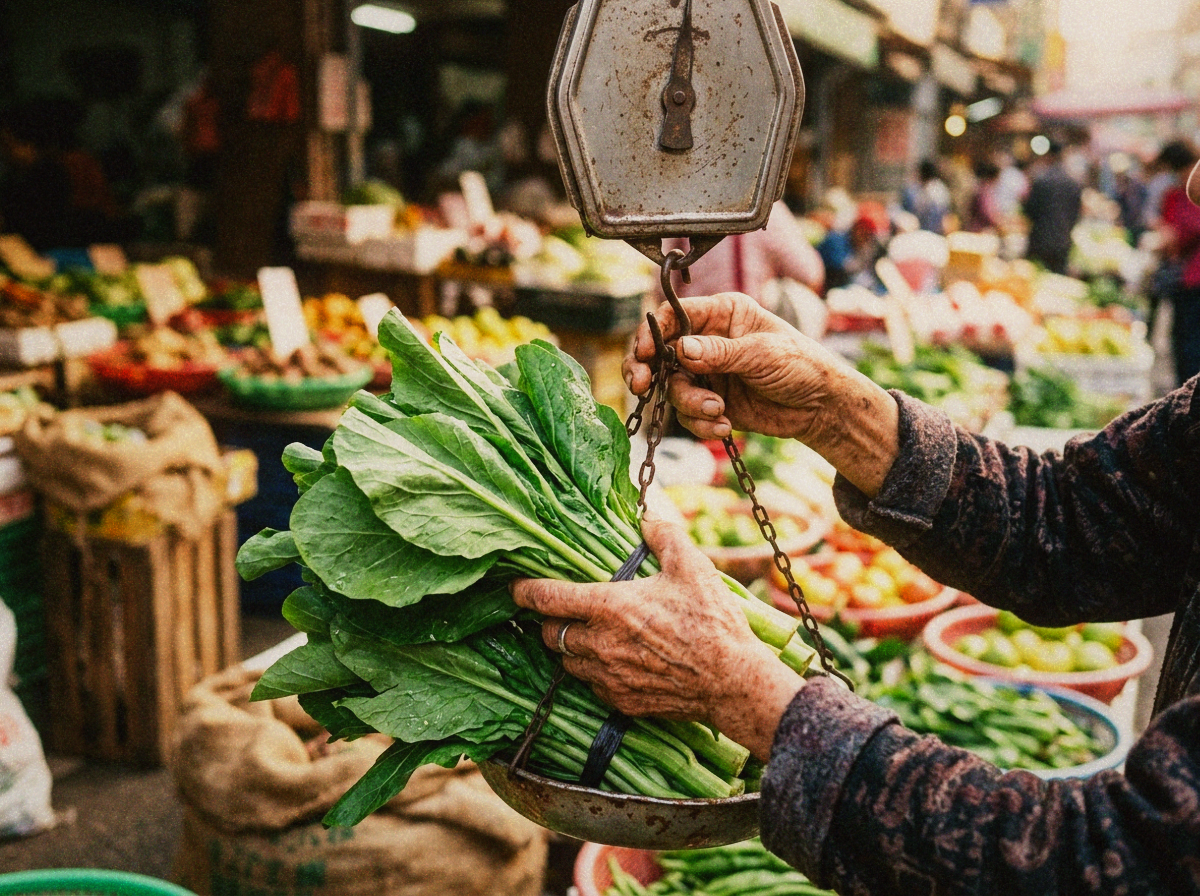 An older market vendor's hands weighing a bunch of leafy greens on a hanging scale in morning light