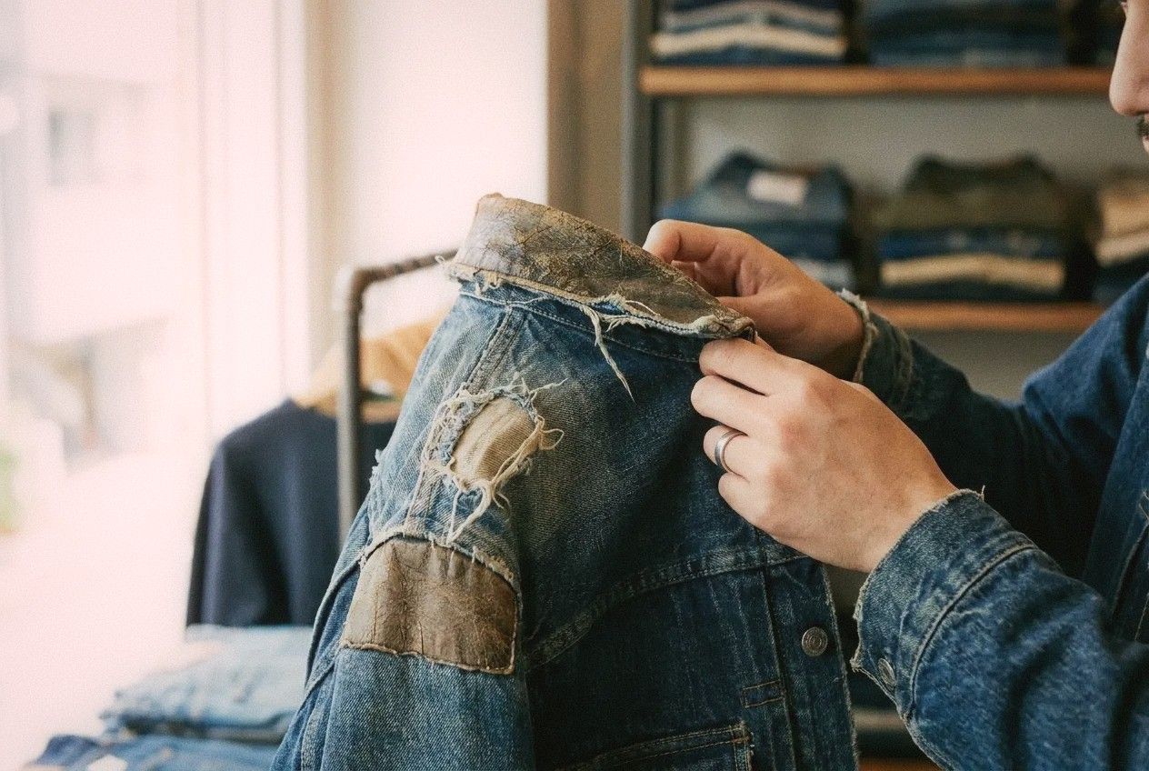 Close-up of hands examining vintage fabric texture on a denim jacket