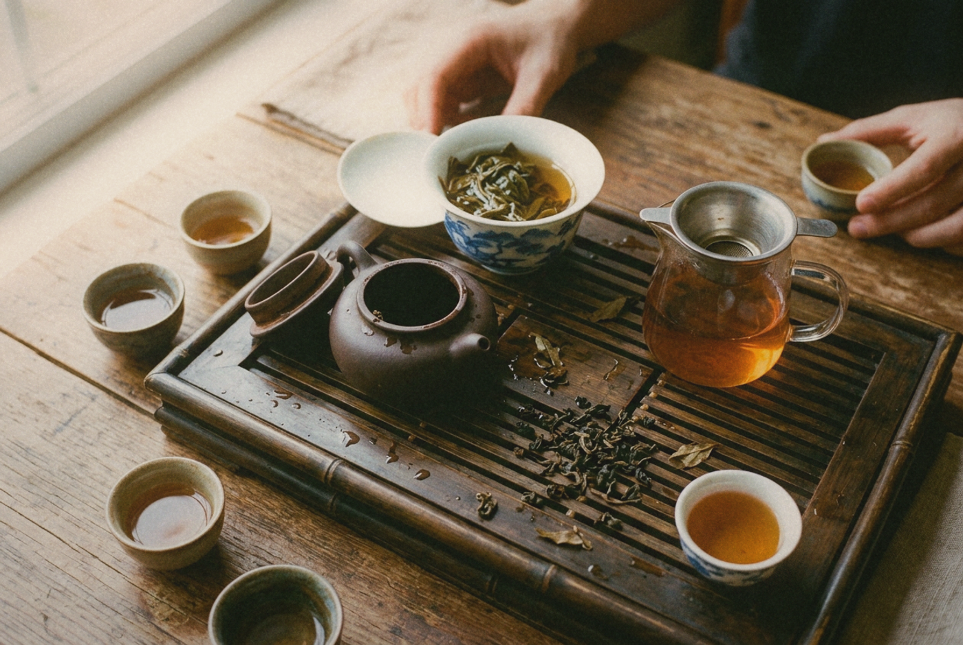 A gongfu tea setup on a bamboo tray: small clay teapot, gaiwan, sharing pitcher, tiny cups and loose oolong leaves