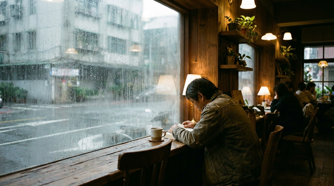 A quiet cafe with rain running down the window