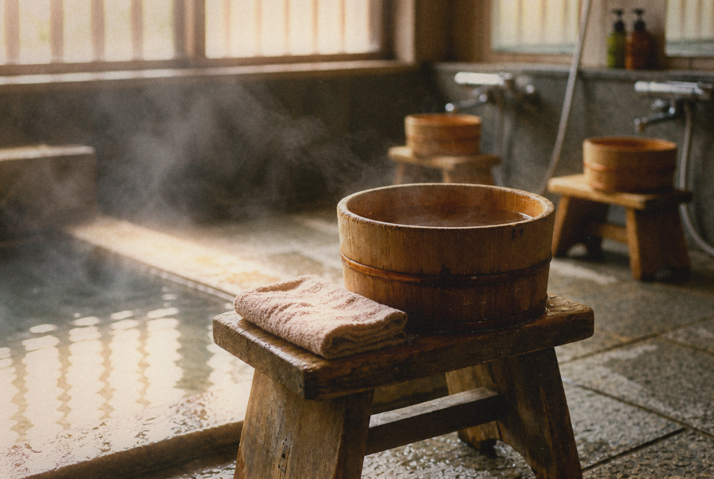 Close-up of a wooden bucket and small towel at an onsen washing station