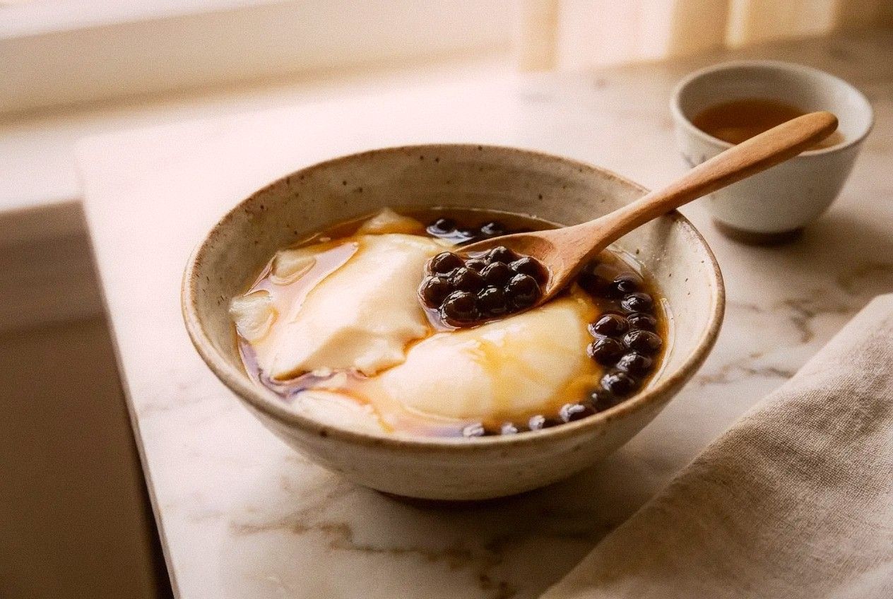 Traditional Taiwanese douhua tofu pudding with sweet ginger syrup and tapioca balls