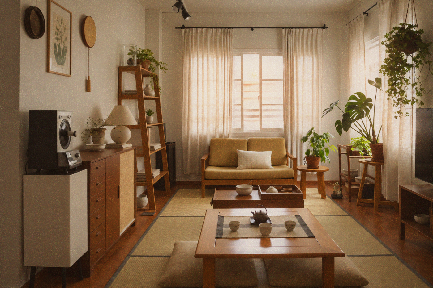 Bright apartment living space with open wooden shelves, a monstera plant, and natural light