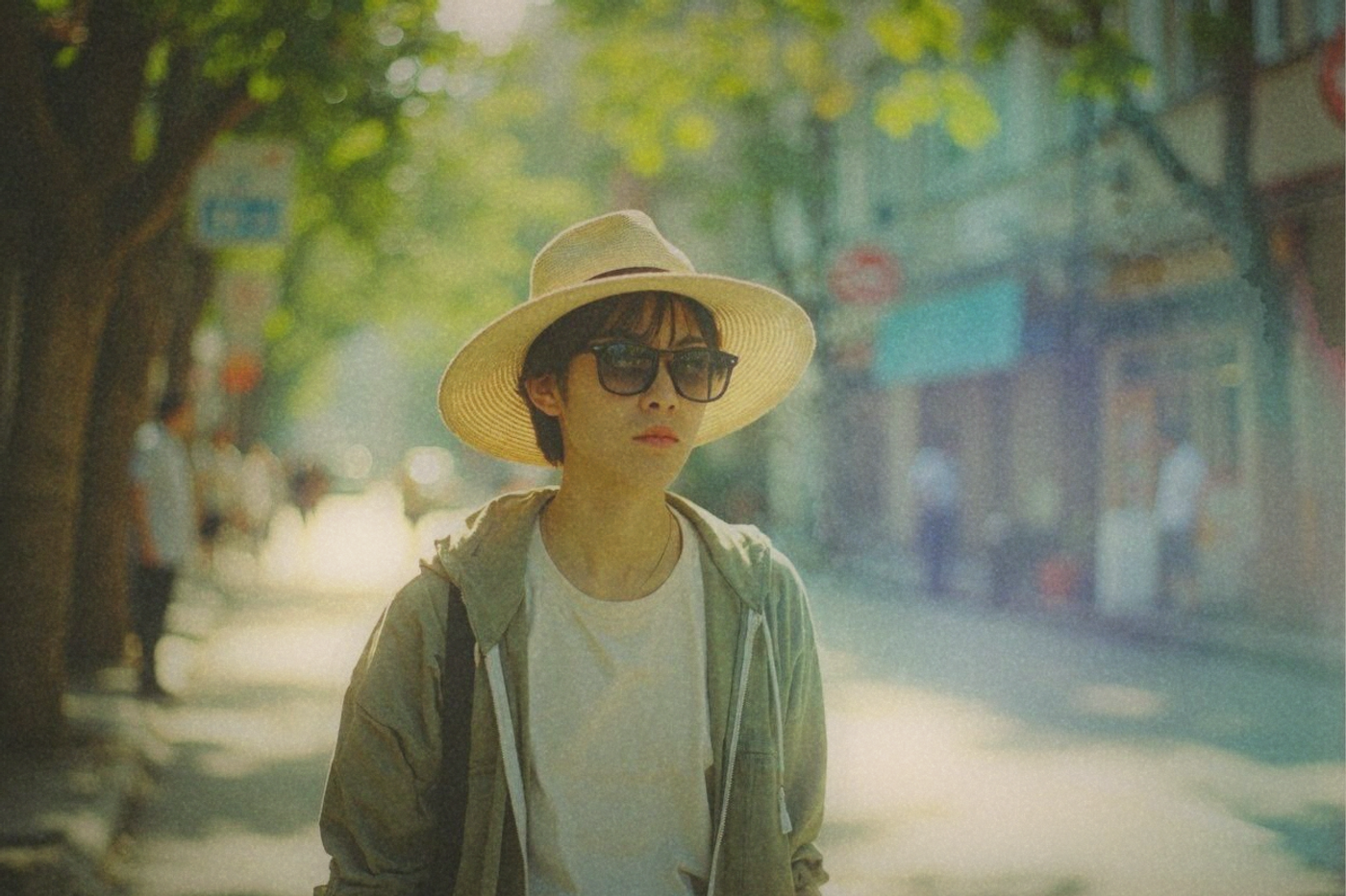 A person walking a leafy Taipei side street in a lightweight open UV-cut jacket, wide-brim straw hat and UV400 sunglasses