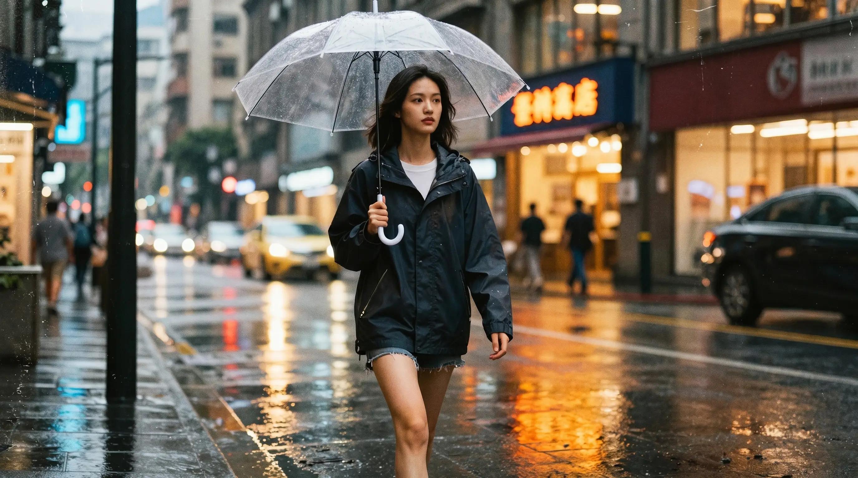 A young Taiwanese woman wearing a stylish waterproof rain jacket walking on a rainy Taipei street at dusk