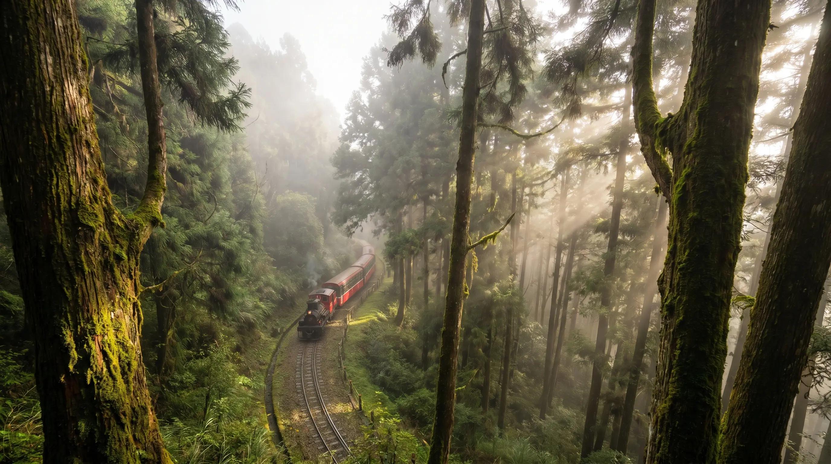The narrow-gauge Alishan Forest Railway train winding through misty mountain forest