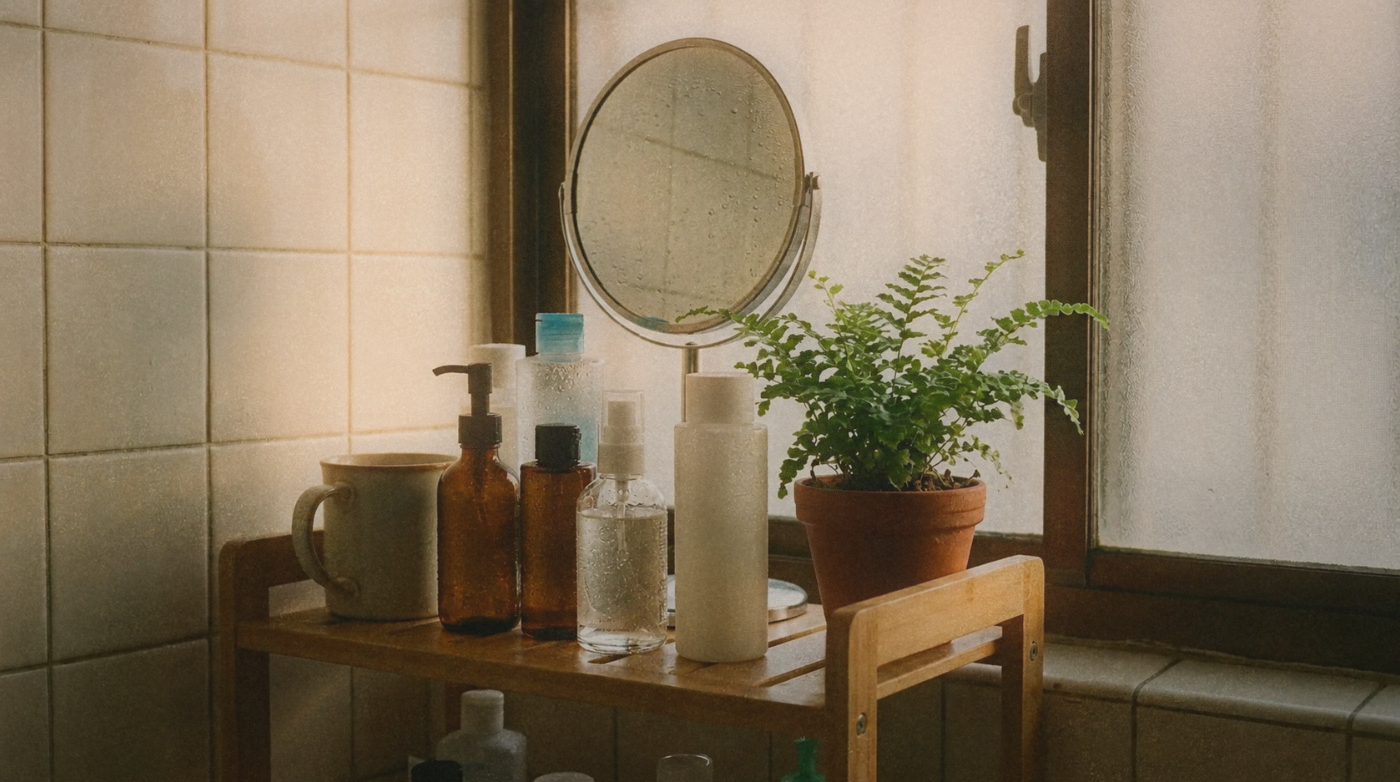 Skincare products arranged on a bathroom shelf in a humid Taipei apartment with condensation on mirror