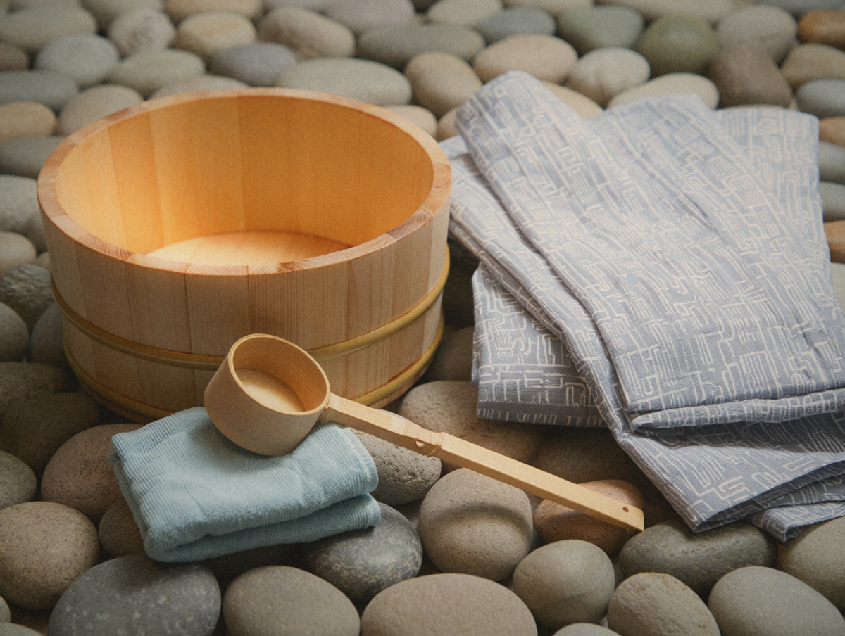 Traditional onsen bathing accessories arranged on smooth stones: wooden bucket, folded towel, soap, and bamboo ladle
