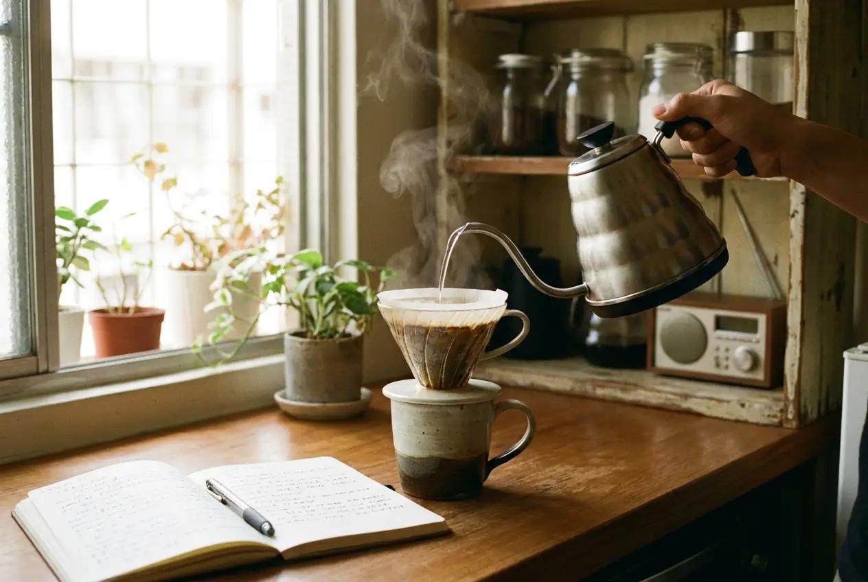 Pour-over coffee setup on kitchen counter in morning light