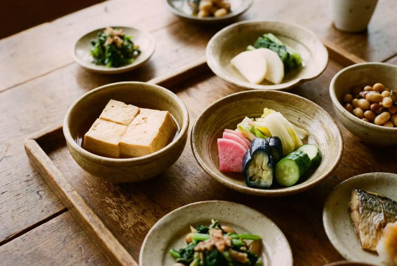 Arrangement of obanzai Kyoto home-style dishes in small ceramic bowls on a wooden tray