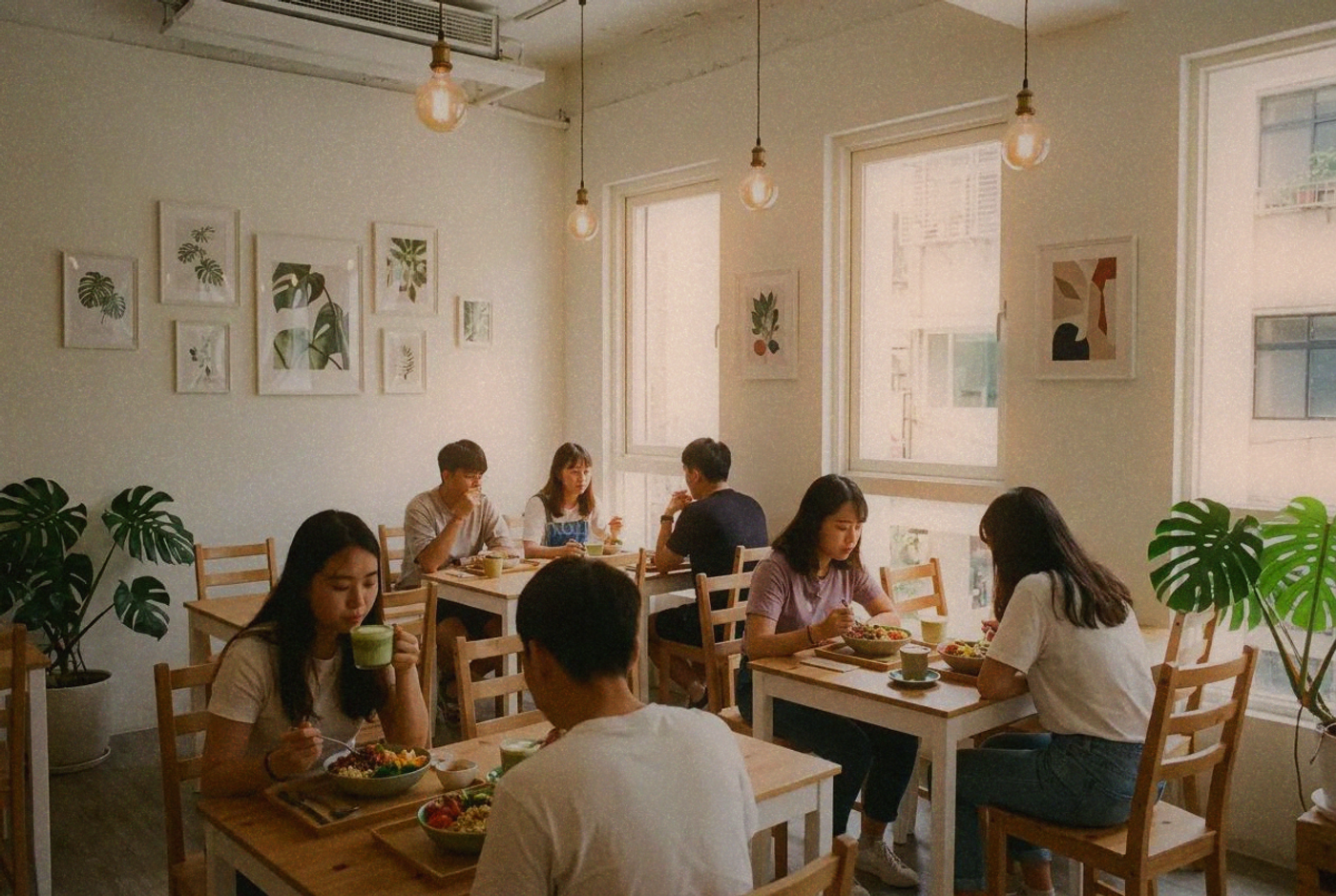 Interior of a modern plant-based restaurant with natural light and wooden tables