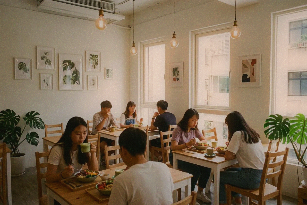 Interior of a modern plant-based restaurant with natural light and wooden tables