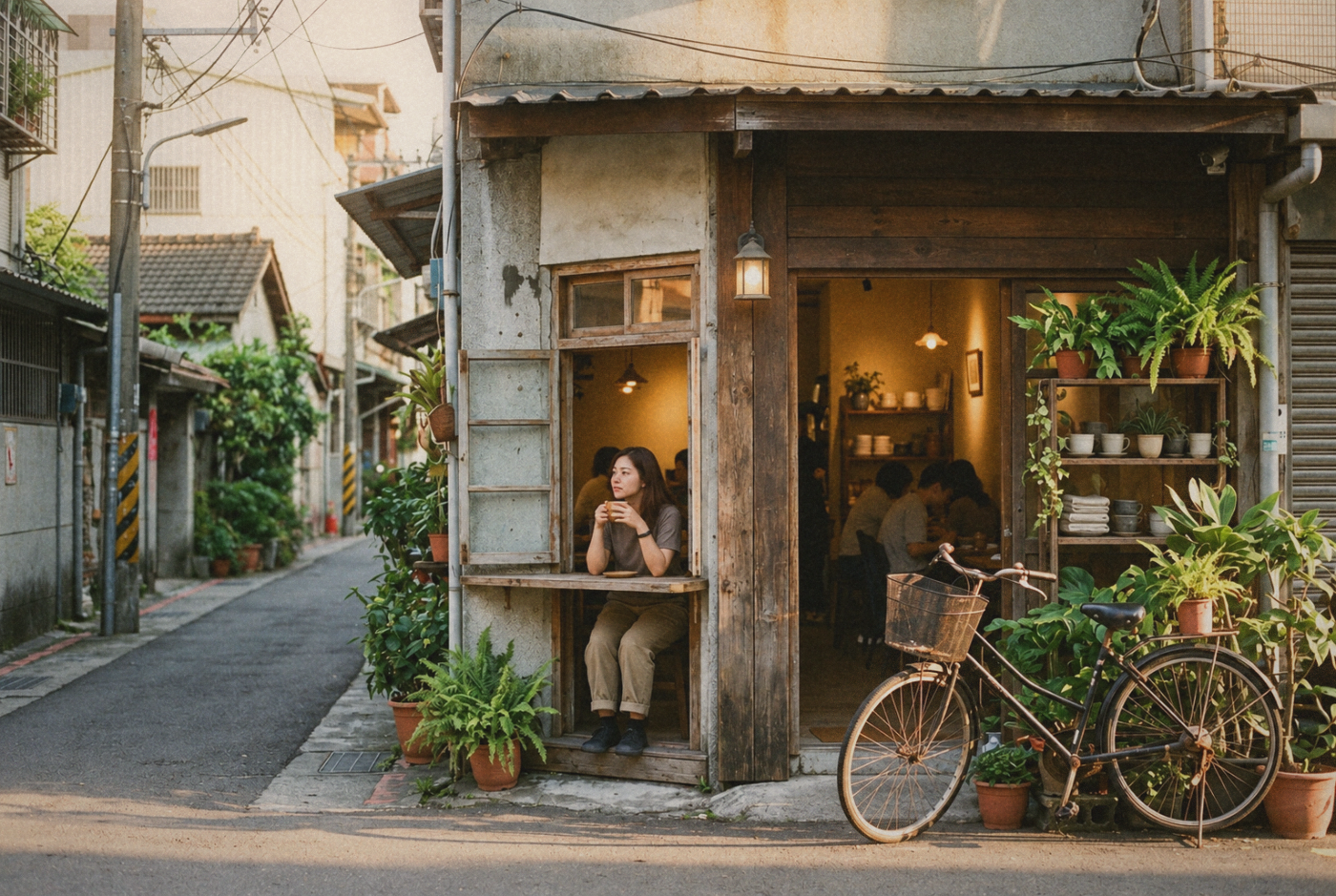 A small Taiwanese neighbourhood cafe storefront with potted plants and a bicycle, seen from across a quiet lane