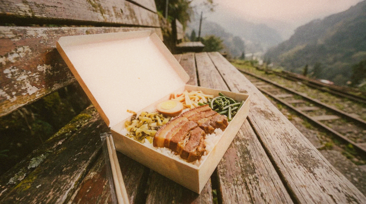 Traditional Fenqihu railway bento box on a wooden bench overlooking misty valley