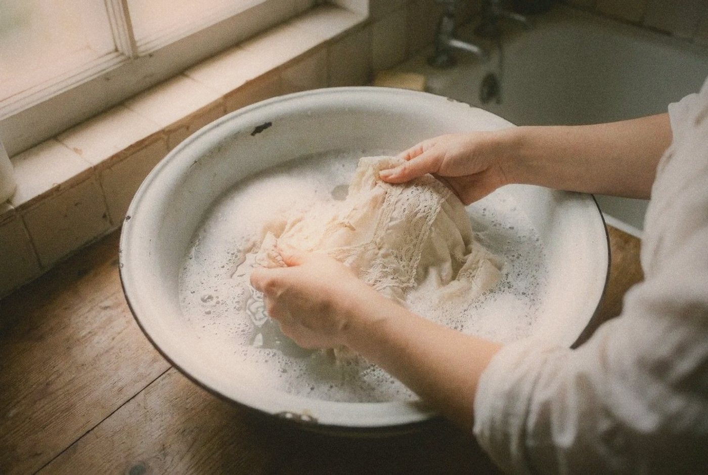 Hands gently washing a delicate vintage fabric in a white enamel basin with soapy water