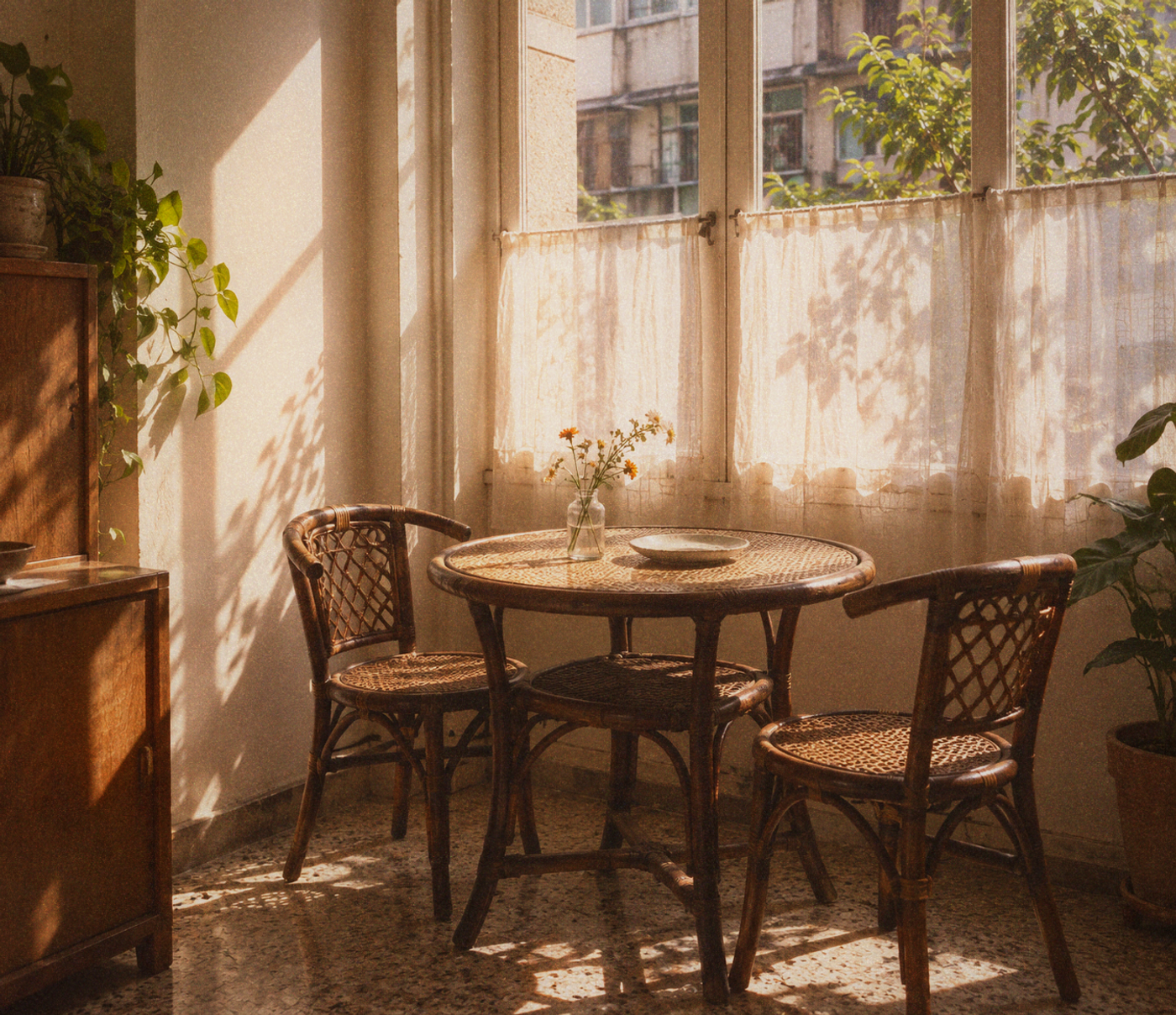 A sunlit dining nook with a round rattan table, two chairs and sheer curtains