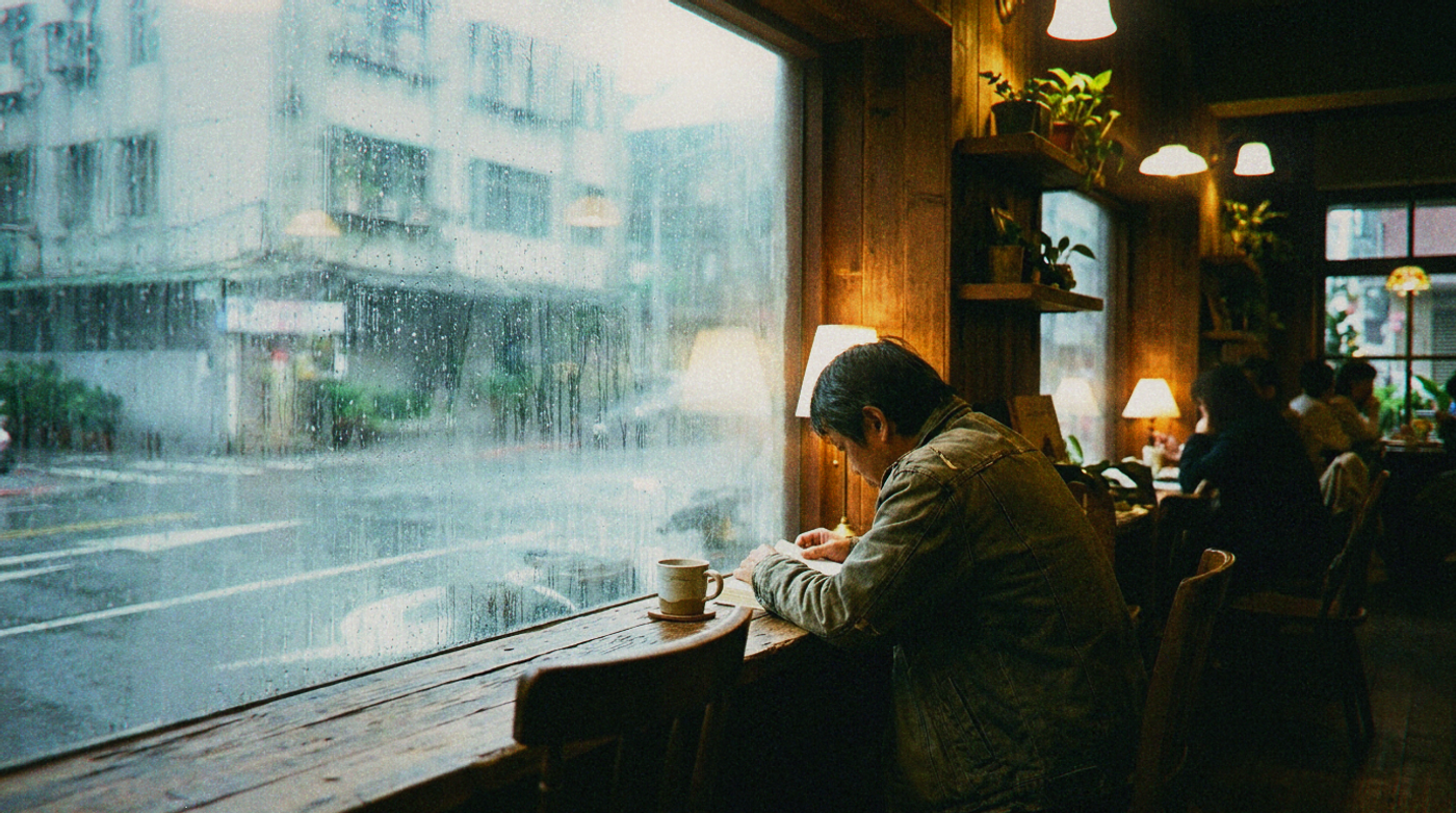 A quiet cafe with rain running down the window