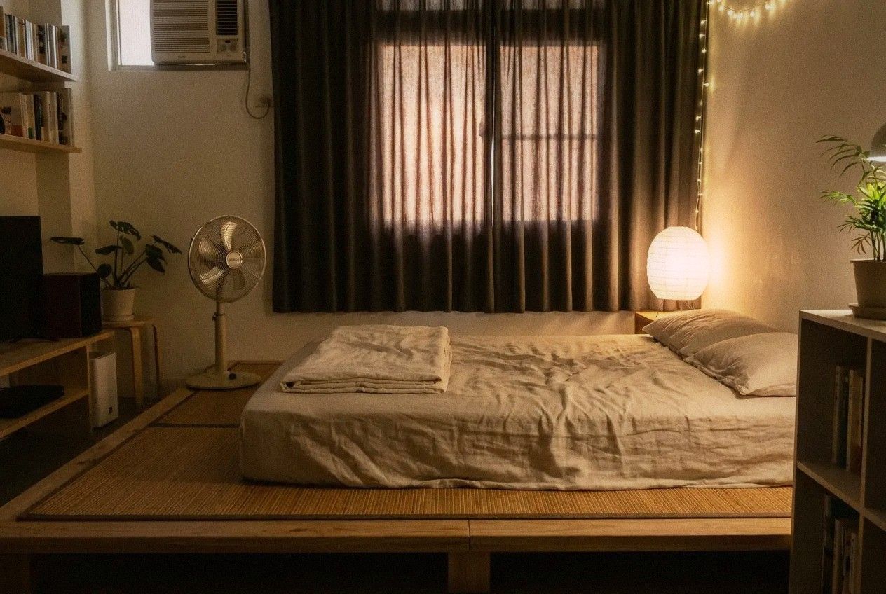 Comfortable Taipei bedroom set up for summer sleeping with bamboo mat and standing fan