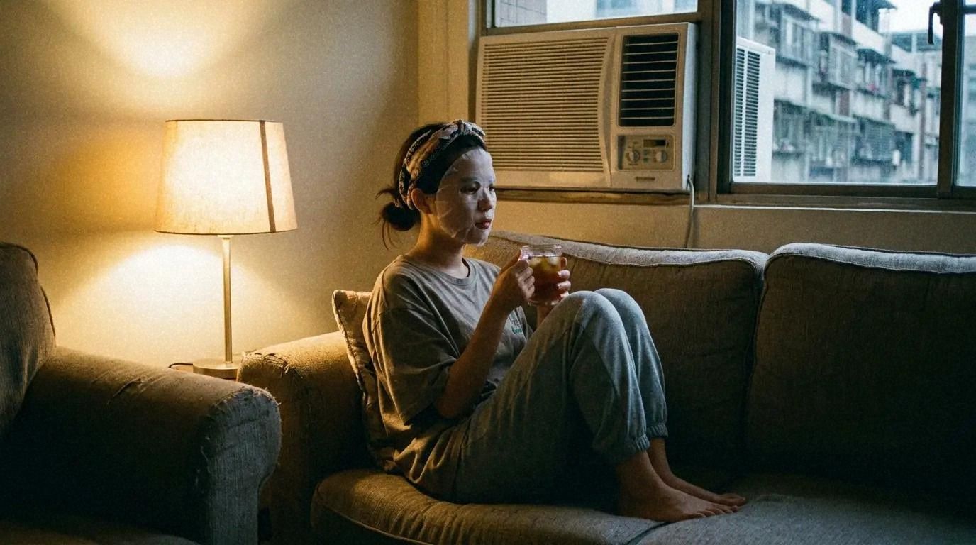 Young woman relaxing at home in Taipei with a sheet mask on, warm ambient lighting