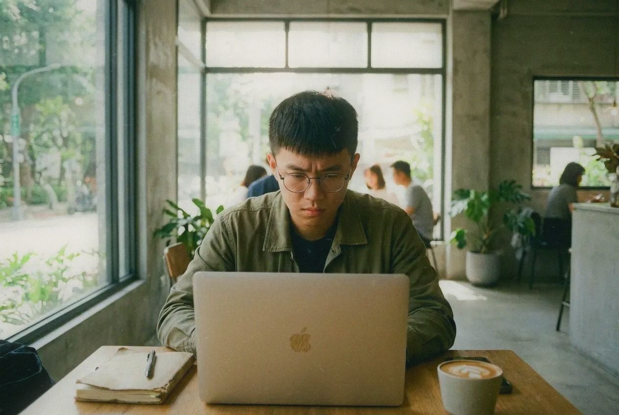 Person working on laptop at a bright minimalist Taipei cafe