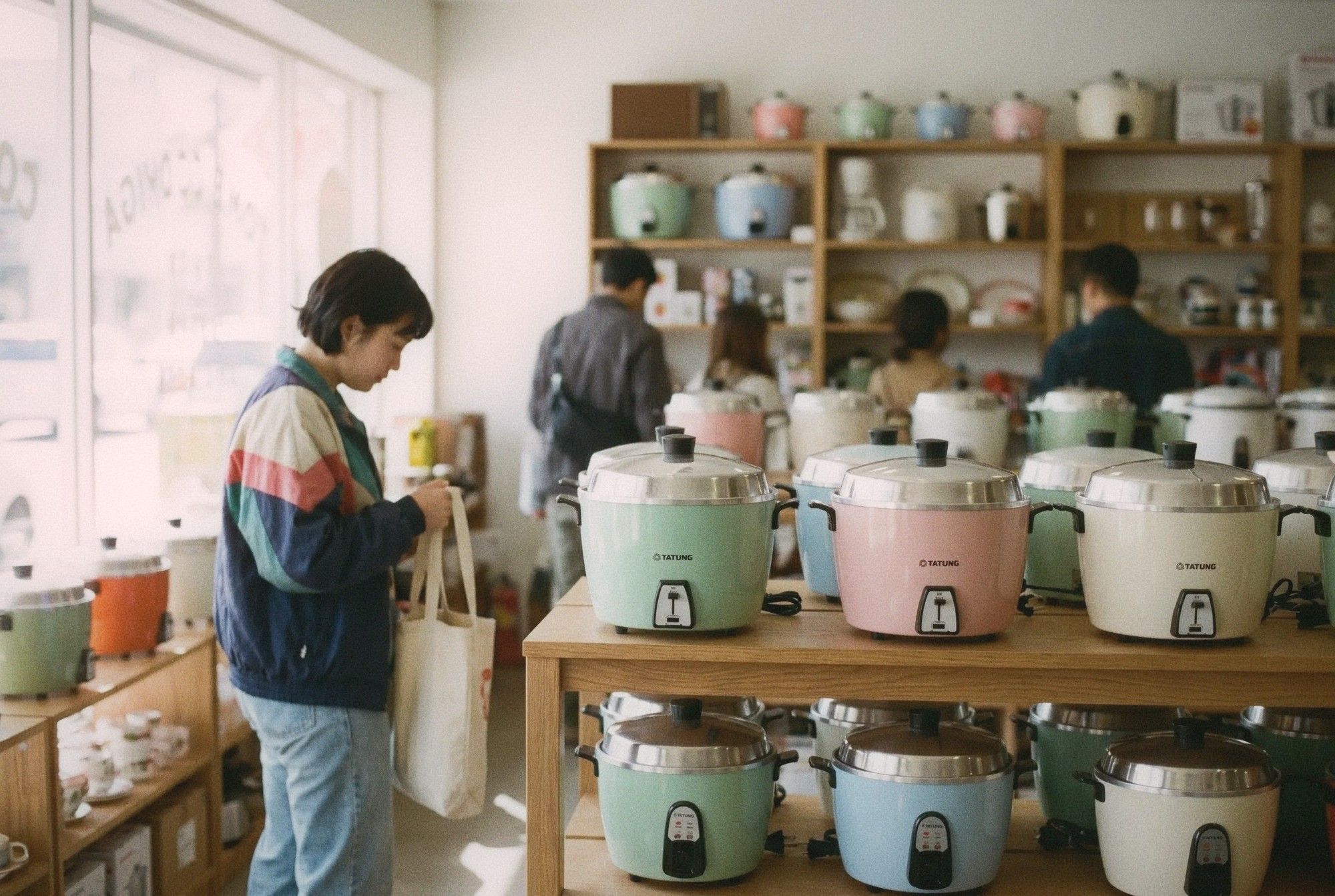 Row of colorful Tatung rice cookers in pastel colors displayed on a store shelf