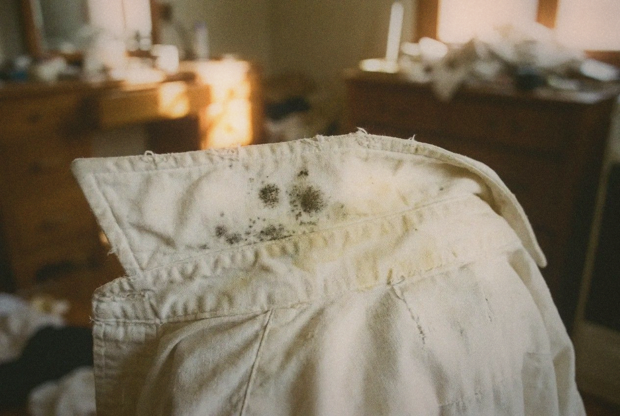 Close-up of mold spots on a vintage cotton shirt collar