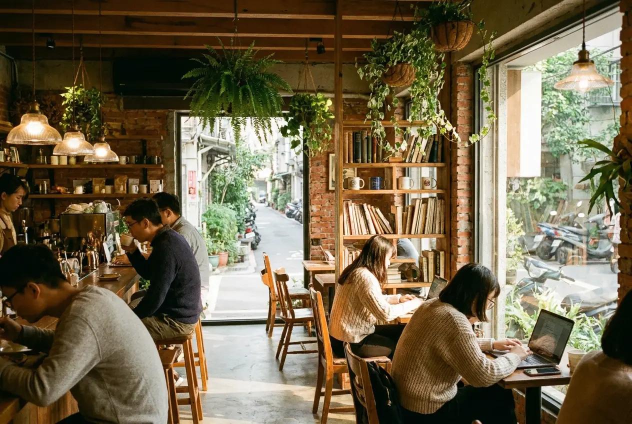 Cozy Taipei cafe interior with exposed brick, plants, and warm lighting