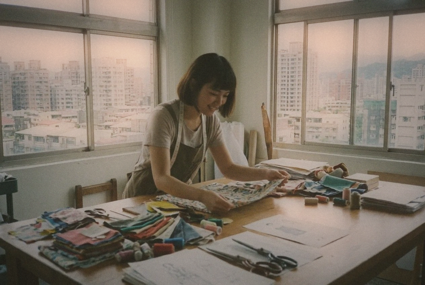 Young Taiwanese fashion designer working at a wooden table in a bright studio