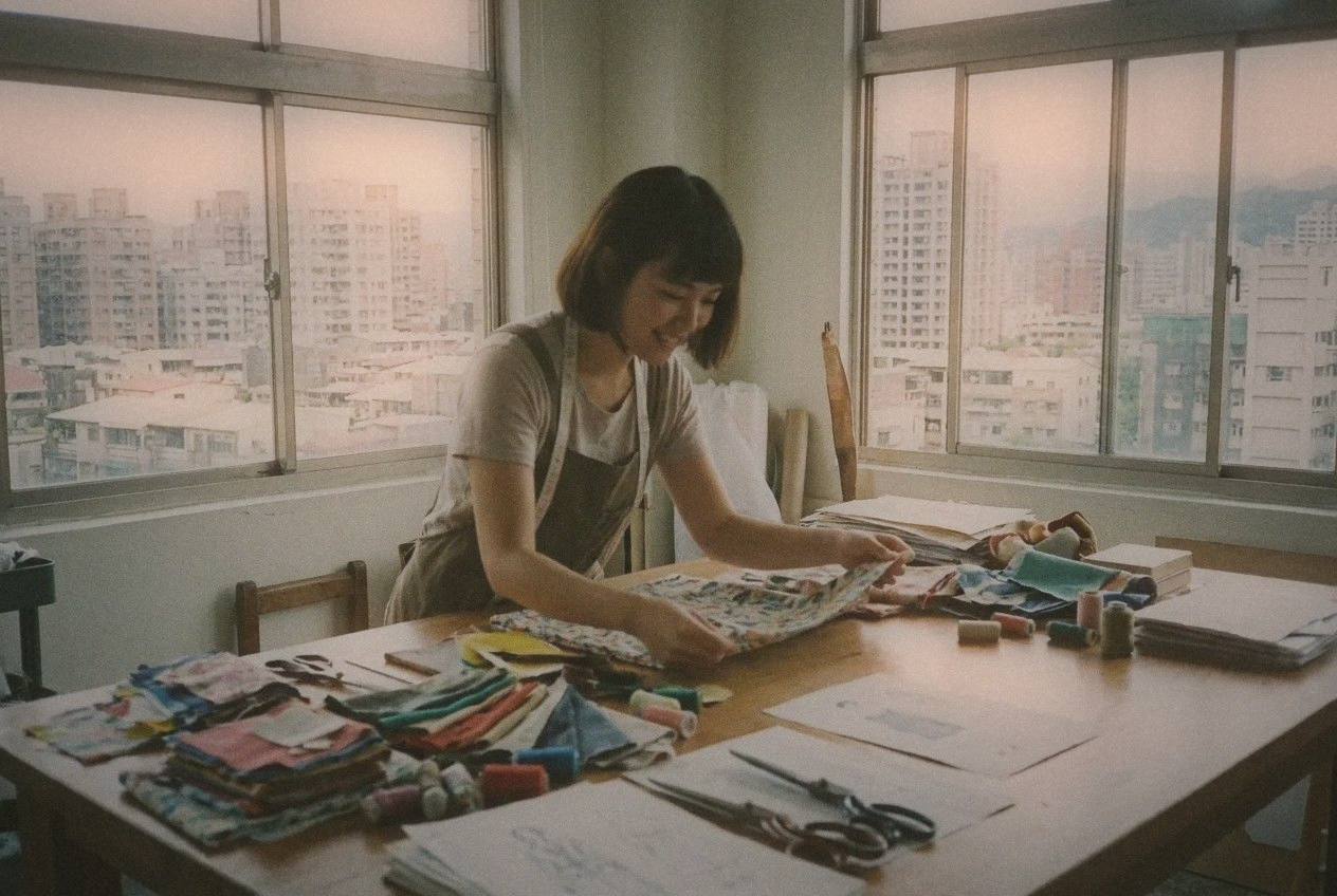 Young Taiwanese fashion designer working at a wooden table in a bright studio