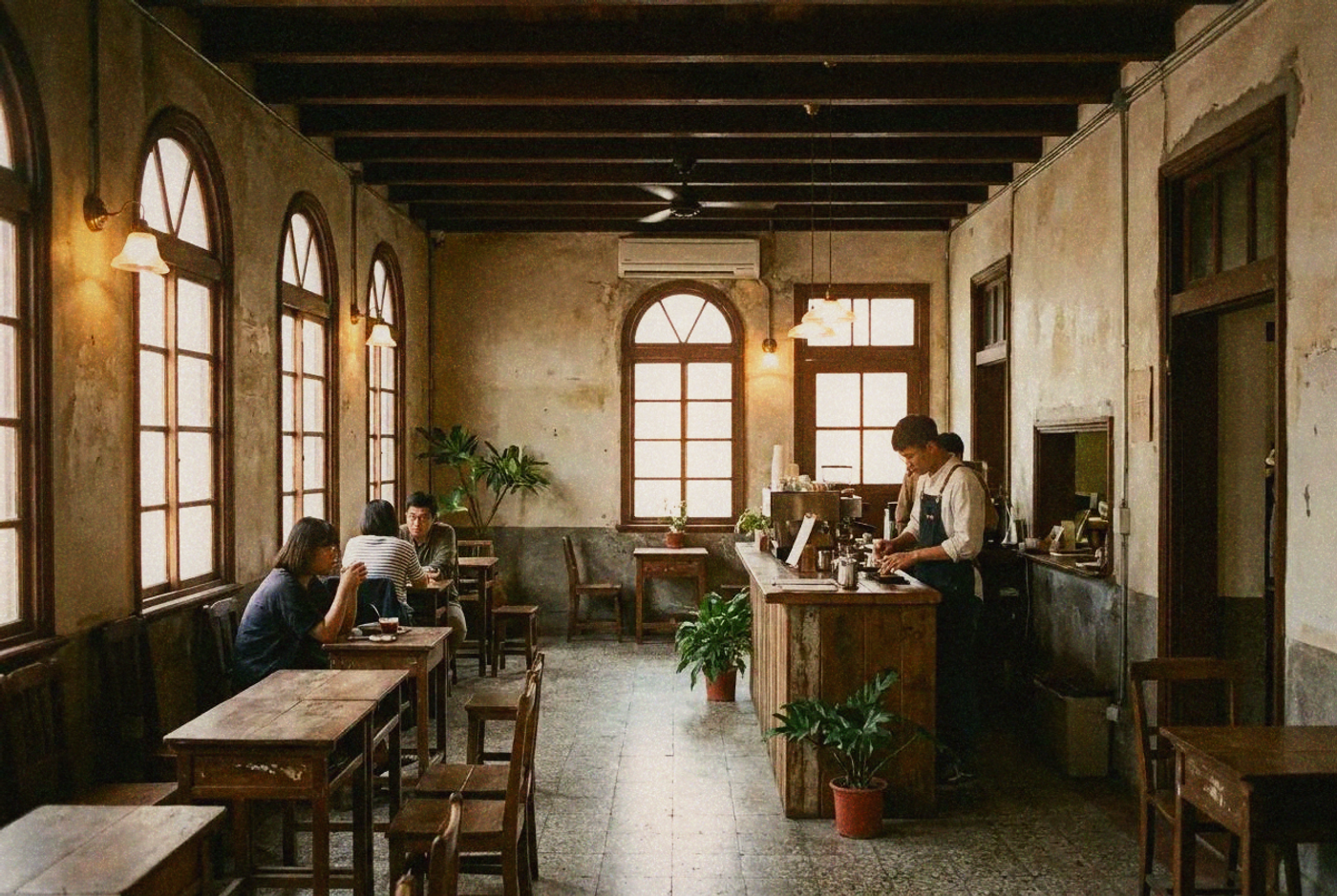 Interior of a restored colonial building converted to coffee shop in Tainan