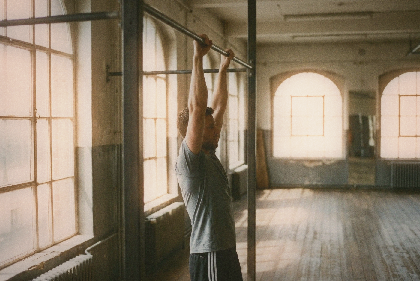 Man doing a dead hang from a pull-up bar