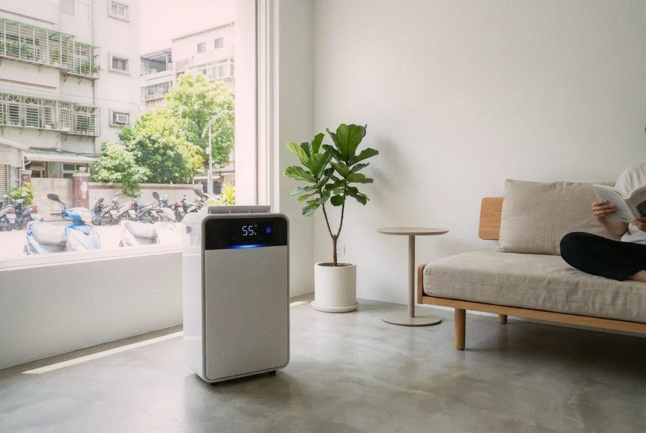 Modern dehumidifier running in a small Taipei apartment living room
