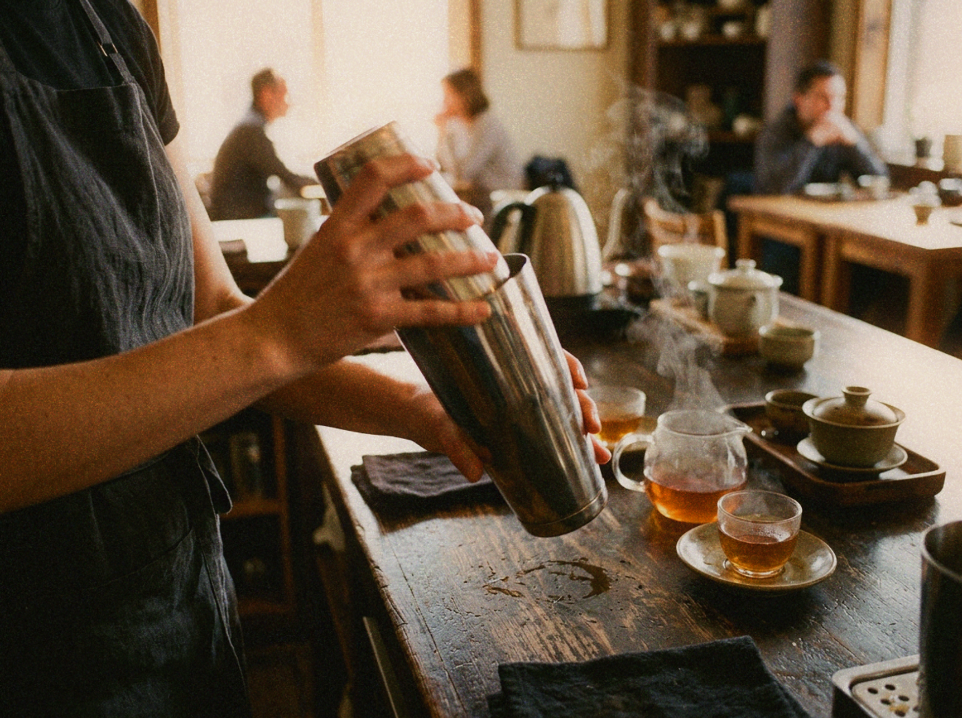 Hands shaking a stainless steel cocktail shaker over a dark wood teahouse counter in warm window light