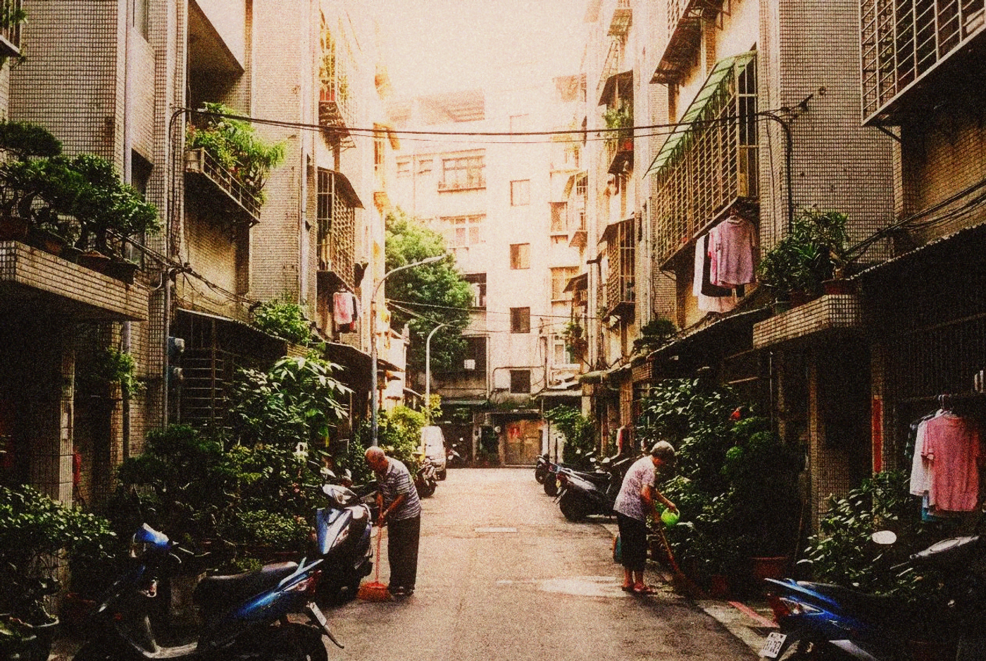 A quiet residential alley in a Taipei neighborhood with potted plants and warm morning light