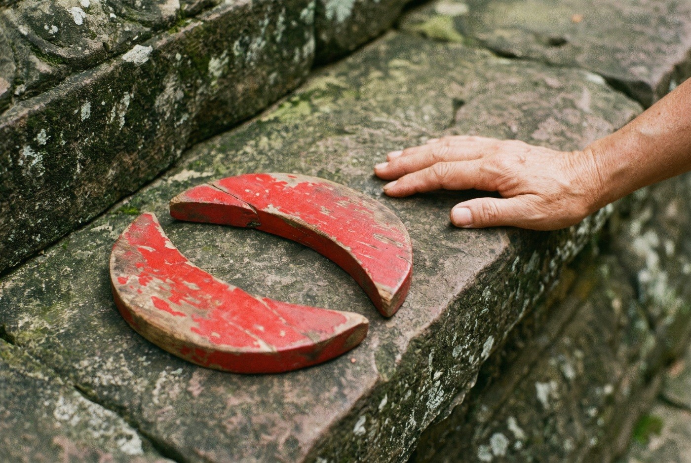 Illustration: Worn red divination blocks on a stone ledge.