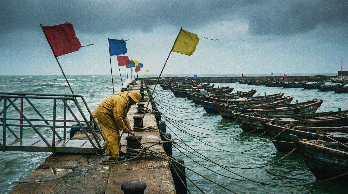Fishing boats roped to a pier before a typhoon