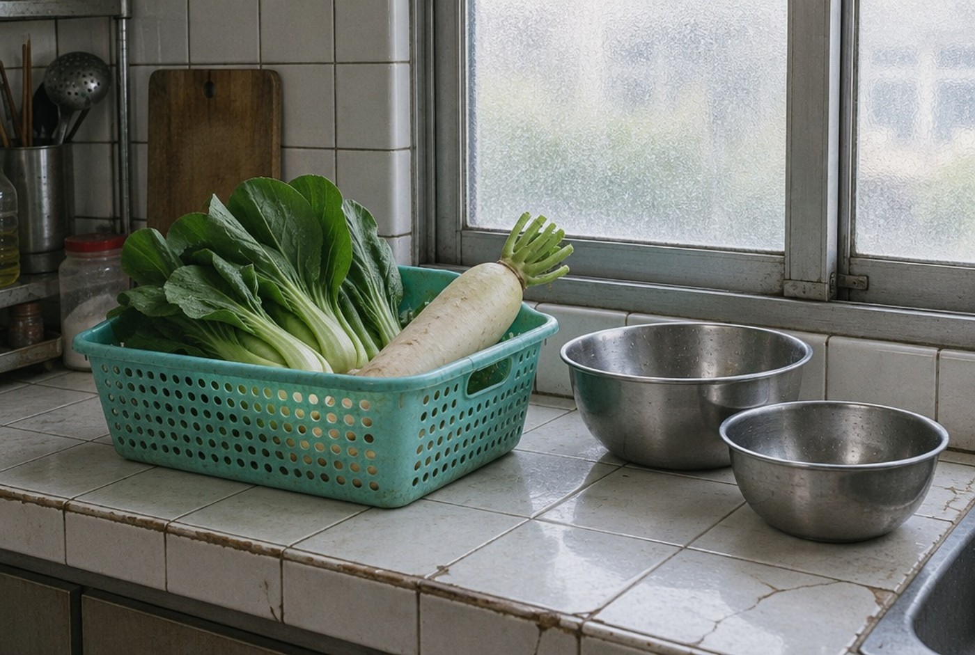 Illustration: A basket and bowls in an everyday kitchen.