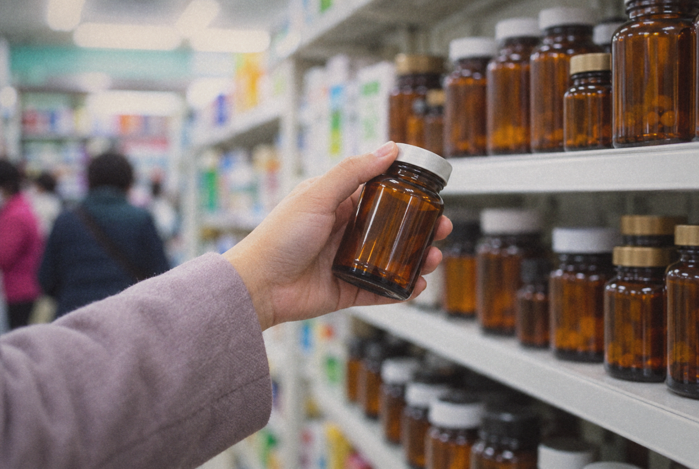 Hand holding an amber bottle beside a pharmacy shelf