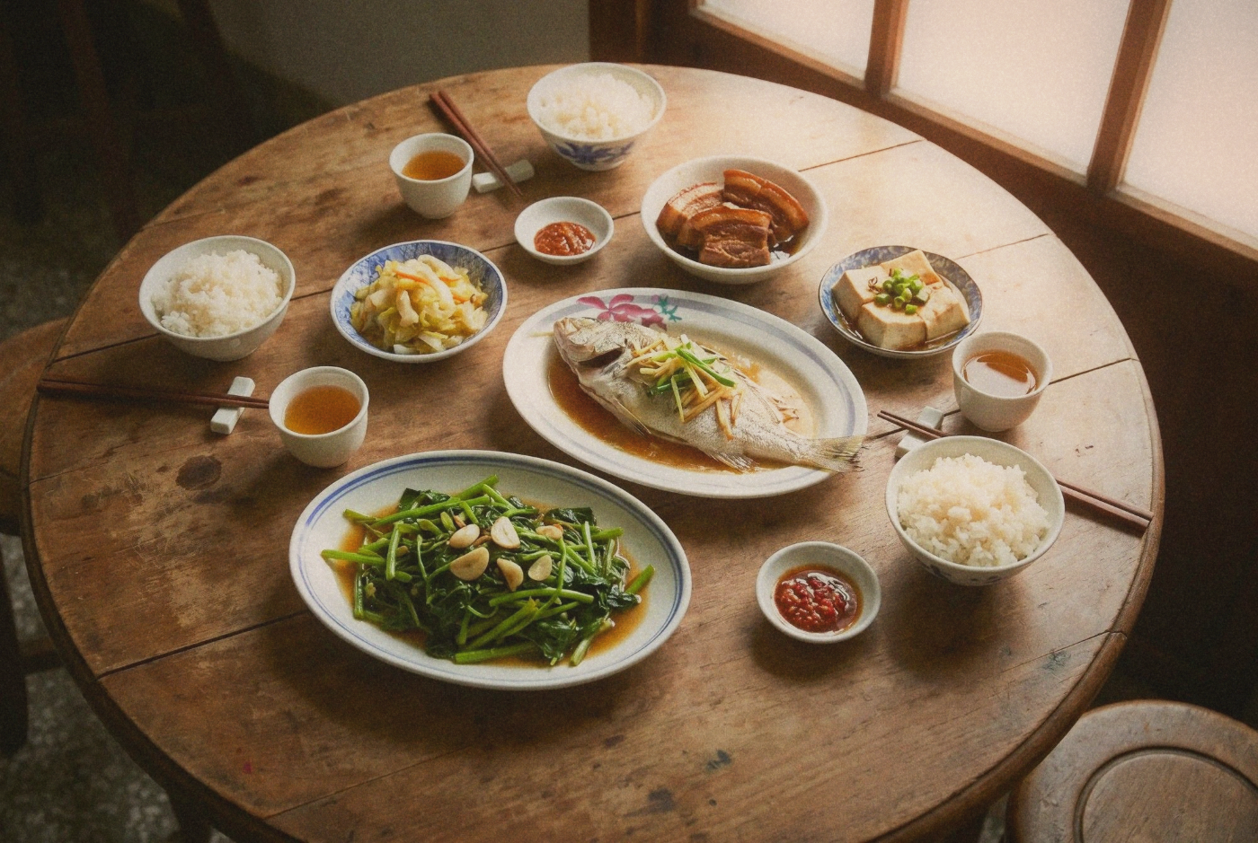 Traditional Taiwanese home meal spread on a round wooden table